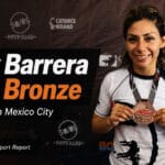 Emily Barrera holding her bronze medal on a social media card for her ADCC Open Mexico City athlete support report.
