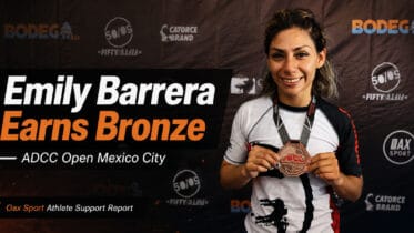 Emily Barrera holding her bronze medal on a social media card for her ADCC Open Mexico City athlete support report.