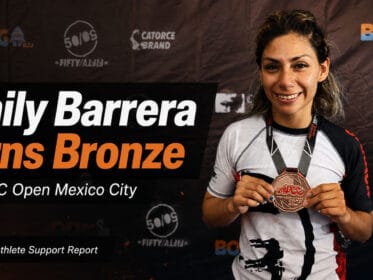 Emily Barrera holding her bronze medal on a social media card for her ADCC Open Mexico City athlete support report.