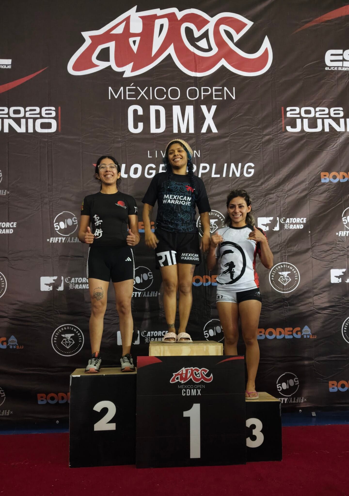 Emily Barrera standing on the 3rd-place podium at ADCC Open Mexico City in Mexico City.