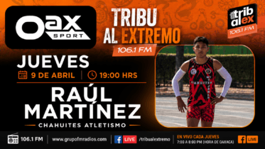Portada horizontal de Jueves de Oax Sport en Tribu al Extremo con Raúl Martínez, atleta del Club de atletismo MV Tejones de Chahuites, junto al logo de Oax Sport, la marca de 106.1 FM y la fecha del programa.