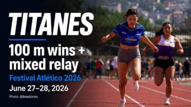 A Titanes athlete competes in a sprint race at Parque Primavera during the Festival Atlético Autotransportes Avendaño Morales 2026 in Oaxaca.