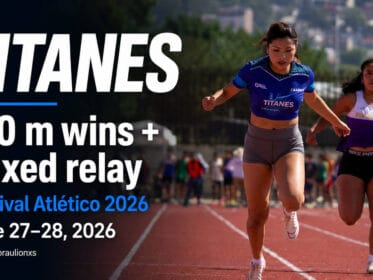 A Titanes athlete competes in a sprint race at Parque Primavera during the Festival Atlético Autotransportes Avendaño Morales 2026 in Oaxaca.