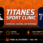 Horizontal social card for Oax Sport Thursdays featuring the Oax Sport and Titanes Sport Clinic logos, Tribu al Extremo 106.1 FM, and the June 25, 2026 broadcast on community, coaching, and training technology.