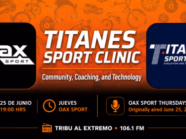 Horizontal social card for Oax Sport Thursdays featuring the Oax Sport and Titanes Sport Clinic logos, Tribu al Extremo 106.1 FM, and the June 25, 2026 broadcast on community, coaching, and training technology.