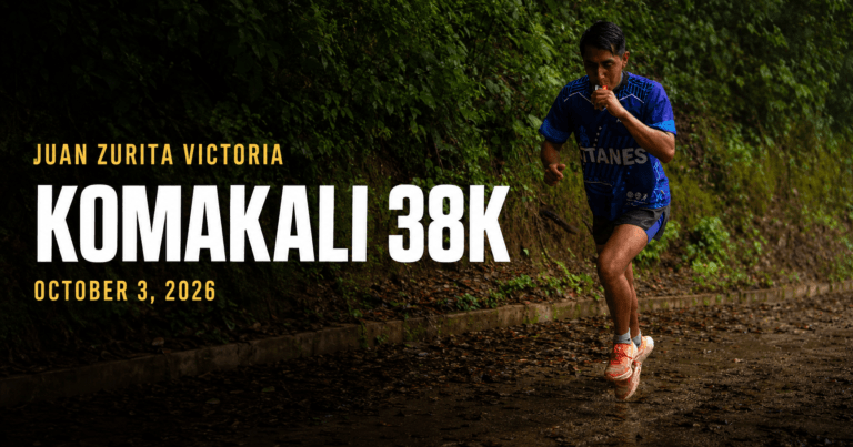 Juan Zurita Victoria running on a wet forest trail in a blue Titanes jersey. The social card includes the text “Juan Zurita Victoria,” “Komakali 38K,” and “October 3, 2026.”