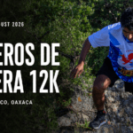 Senderos de Cantera 12K 2026 race report card showing a runner climbing a rocky trail in Magdalena Apazco, Oaxaca.