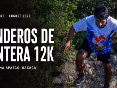 Senderos de Cantera 12K 2026 race report card showing a runner climbing a rocky trail in Magdalena Apazco, Oaxaca.