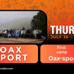 Horizontal Tribu al Extremo promo for the July 16 Oax Sport broadcast about the first Oax Sport athletics camp, with two presenters and 106.1 FM branding.
