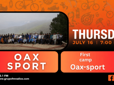 Horizontal Tribu al Extremo promo for the July 16 Oax Sport broadcast about the first Oax Sport athletics camp, with two presenters and 106.1 FM branding.