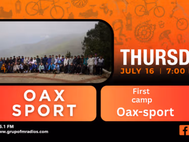 Horizontal Tribu al Extremo promo for the July 16 Oax Sport broadcast about the first Oax Sport athletics camp, with two presenters and 106.1 FM branding.