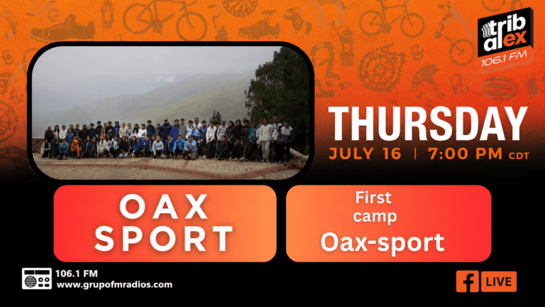 Horizontal Tribu al Extremo promo for the July 16 Oax Sport broadcast about the first Oax Sport athletics camp, with two presenters and 106.1 FM branding.
