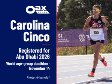 Carolina Cinco running in race bib 155, alongside Oax Sport branding and the headline “Registered for Abu Dhabi 2026.”