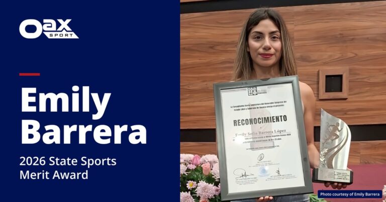 Oax Sport card: Emily Barrera, 2026 State Sports Merit Award. Emily holds her certificate and trophy at the Congress of Oaxaca.